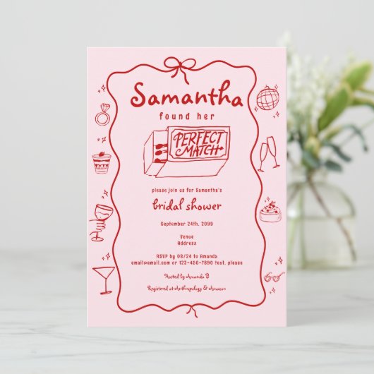 Perfektes passendes handgezeichnetes Coquette-Brau Einladung (Stehend Vorderseite)