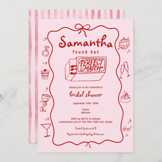 Perfektes passendes handgezeichnetes Coquette-Brau Einladung (Vorne/Hinten)