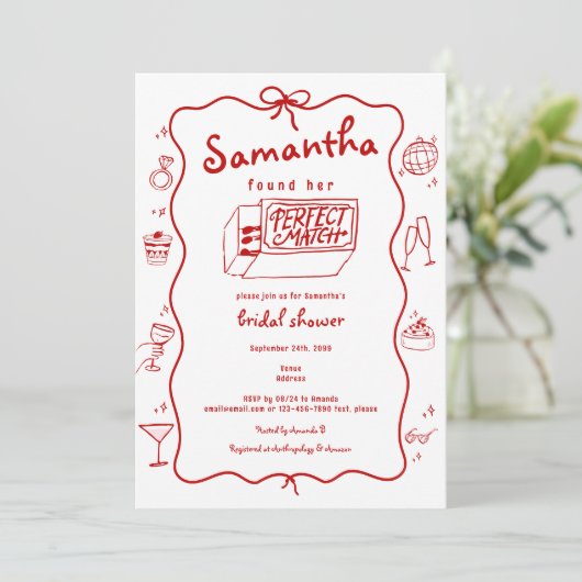 Perfektes passendes handgezeichnetes Coquette-Brau Einladung (Stehend Vorderseite)