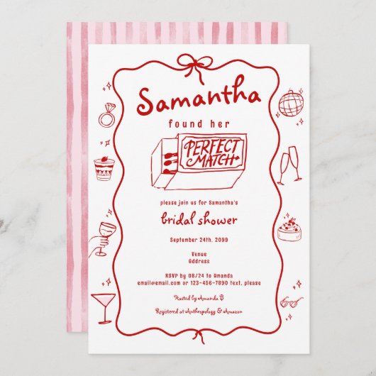 Perfektes passendes handgezeichnetes Coquette-Brau Einladung (Vorne/Hinten)