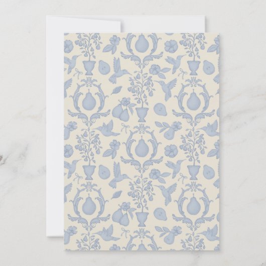 Perfektes Pear-Brautparty | Blue French Damask Einladung (Rückseite)