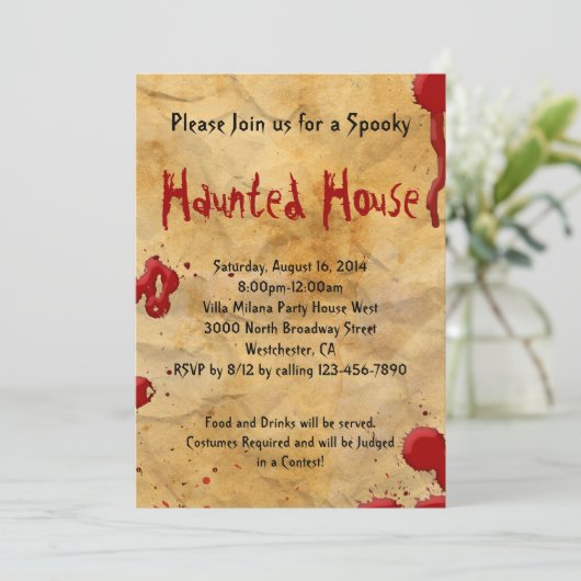 Pergament Blut Spritzer Spuk Haus Einladung (Stehend Vorderseite)