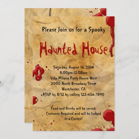 Pergament Blut Spritzer Spuk Haus Einladung (Vorne/Hinten)