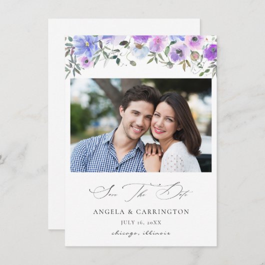 Peri und Lila florales Save the Date Foto (Vorne/Hinten)