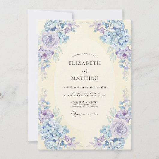 Periwinkle Amethyst Pfingstrosen-Hochzeit Einladung (Vorderseite)