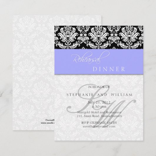 Periwinkle Blue Damask Monogram Probe Dinner Einladung (Vorne/Hinten)