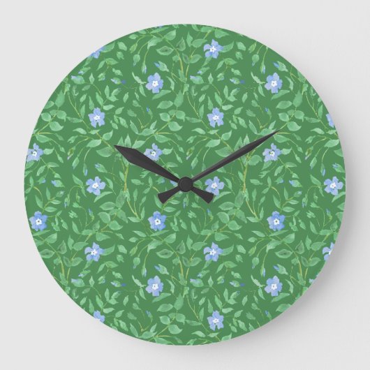 Periwinkle Blue Dark Green Country Stil Floral Große Wanduhr (Vorderseite)