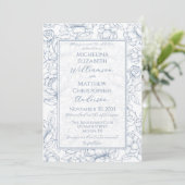 Periwinkle Blue Elegant Hand-Drawn Floral Wedding  Einladung (Stehend Vorderseite)