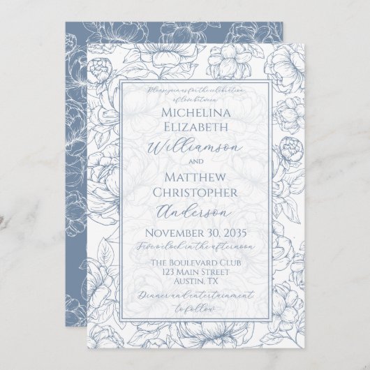 Periwinkle Blue Elegant Hand-Drawn Floral Wedding Einladung (Vorne/Hinten)