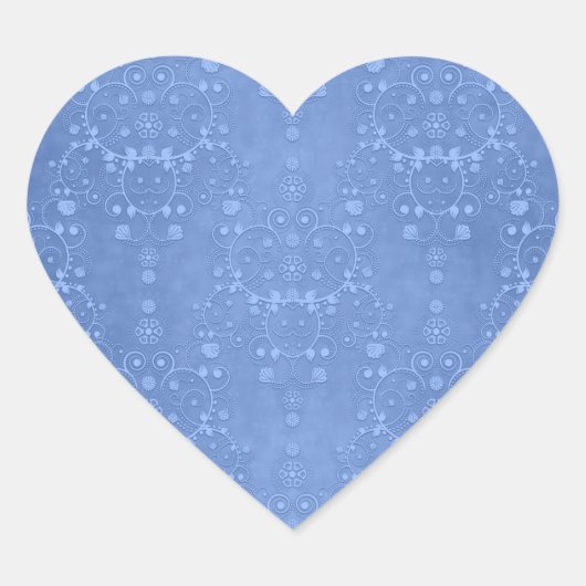 Periwinkle Blue Extravagant Floral Damask Muster Herz-Aufkleber (Vorderseite)