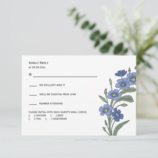 Periwinkle Blue Floral Moderne Hochzeitsreaktion, RSVP Karte (Stehend Vorderseite)