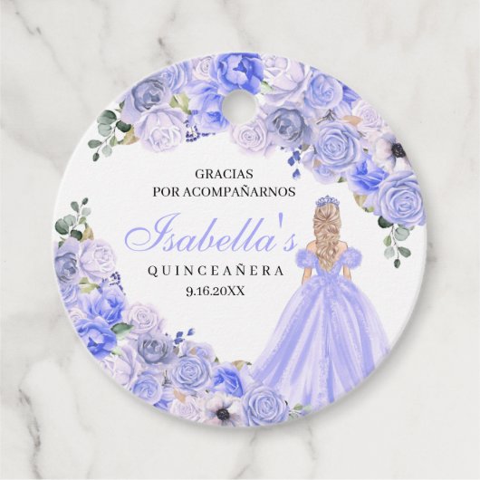 Periwinkle Blue Floral Quinceanera Geschenkanhänger (Vorderseite)