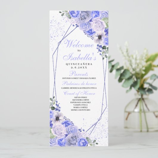 Periwinkle Blue Floral Quinceanera Programm (Stehend Vorderseite)
