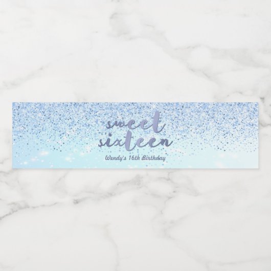 Periwinkle Blue Glitzer, Sweet 16 Wasserflaschenetikett (Einzelnes Label)