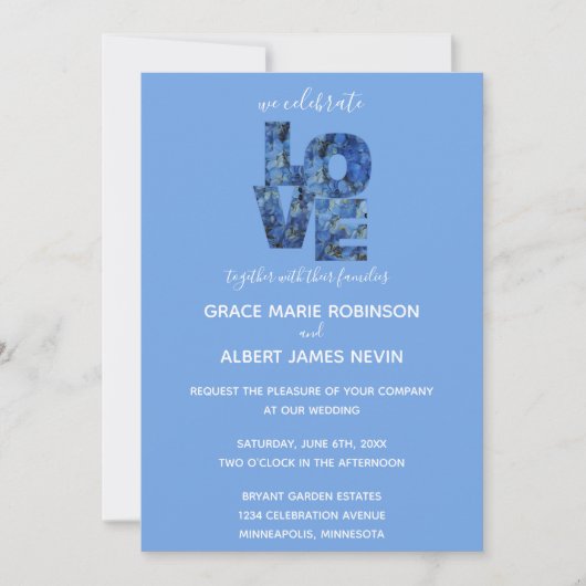 Periwinkle Blue Hydrangeas LIEBE Wedding Einladung (Vorderseite)