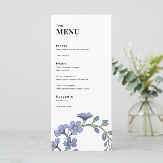 Periwinkle Blue Modern Floral Hochzeitessen Menükarte (Stehend Vorderseite)