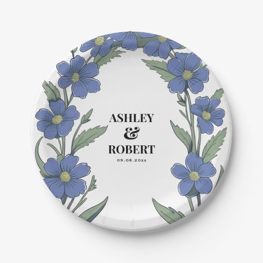 Periwinkle Blue Modern Floral Wedding Pappteller (Vorderseite)