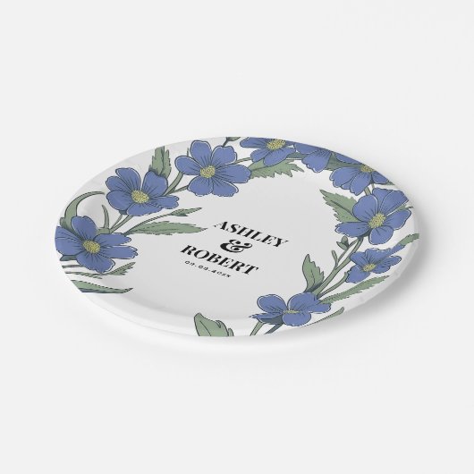 Periwinkle Blue Modern Floral Wedding Pappteller (Schrägansicht)