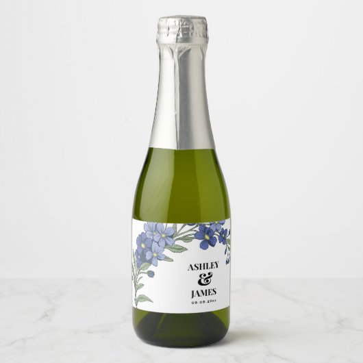 Periwinkle Blue Modern Floral Wedding Schaumweinetikett (Vorderseite)