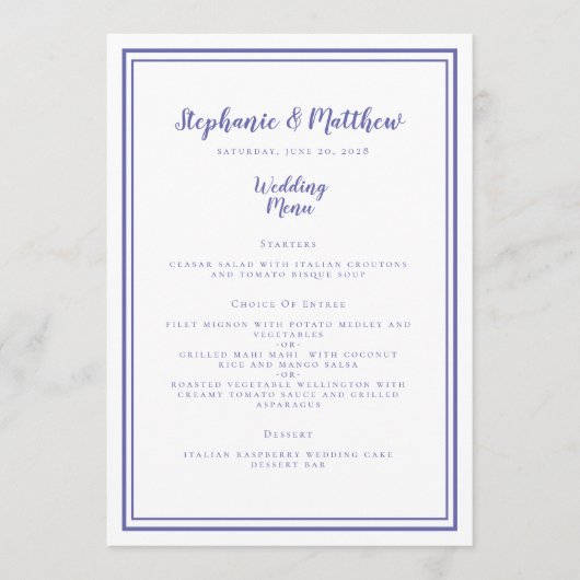 Periwinkle Blue Modern Simple Wedding Gerahmt Chic Menükarte (Vorderseite)
