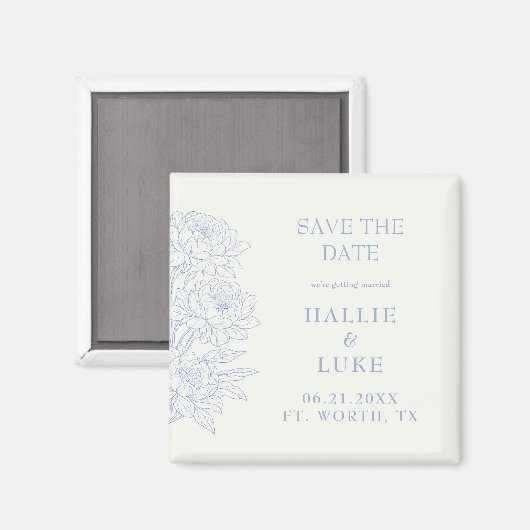 Periwinkle Blue Peony Line Art Wedding Save Date Magnet (Vorderseite/Rückseite)