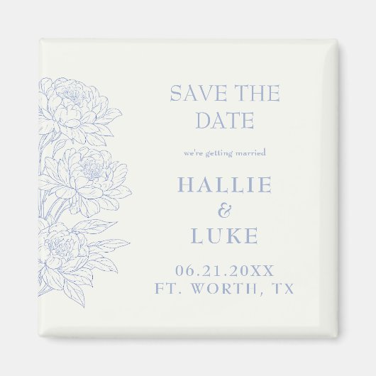 Periwinkle Blue Peony Line Art Wedding Save Date Magnet (Vorne)