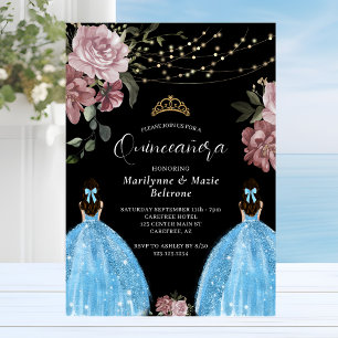 Periwinkle Blue Princess Floral Twins Quinceañera Einladung