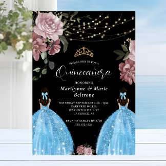 Periwinkle Blue Princess Floral Twins Quinceañera Einladung