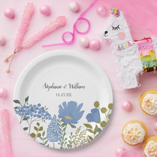 Periwinkle Blue Spring Floral Wedding Personalisie Pappteller (Party)