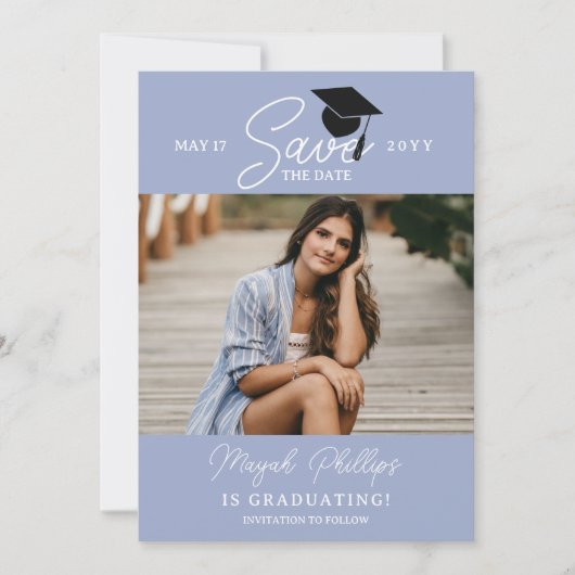 Periwinkle Blue Typografy Foto Abschluss Save The Date (Vorderseite)
