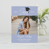 Periwinkle Blue Typografy Foto Abschluss Save The Date (Stehend Vorderseite)