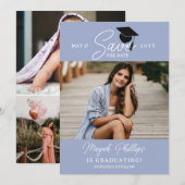 Periwinkle Blue Typografy Foto Abschluss Save The Date (Vorne/Hinten)