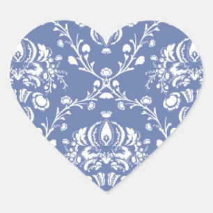 Periwinkle Blue und White Damask Herz-Aufkleber