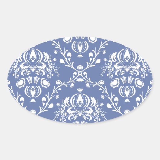 Periwinkle Blue und White Damask Ovaler Aufkleber (Vorderseite)