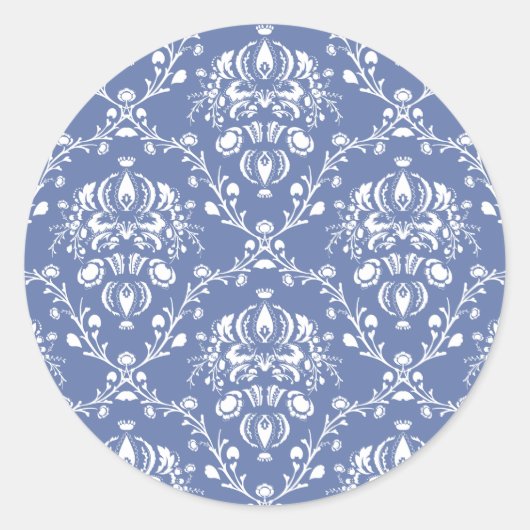 Periwinkle Blue und White Damask Runder Aufkleber (Vorderseite)