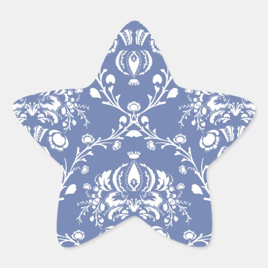 Periwinkle Blue und White Damask Stern-Aufkleber (Vorderseite)