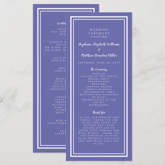 Periwinkle Blue Wedding Service Zeremonie Moderne Programm (Vorne/Hinten)
