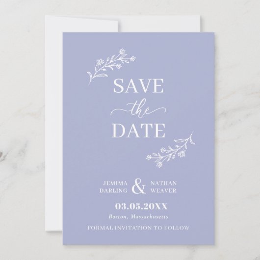 Periwinkle Blue White Hand Gezeichnet Floral Twigs Save The Date (Vorderseite)