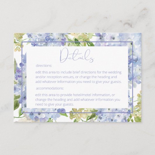 Periwinkle Blue White Hydrangea Details Hochzeit Begleitkarte (Vorderseite)