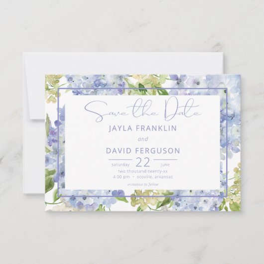 Periwinkle Blue White Hydrangea Wedding Save The Date (Vorderseite)