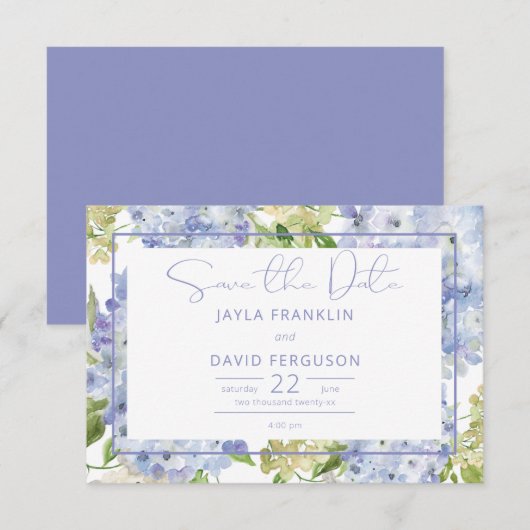 Periwinkle Blue White Hydrangea Wedding Save The Date (Vorne/Hinten)