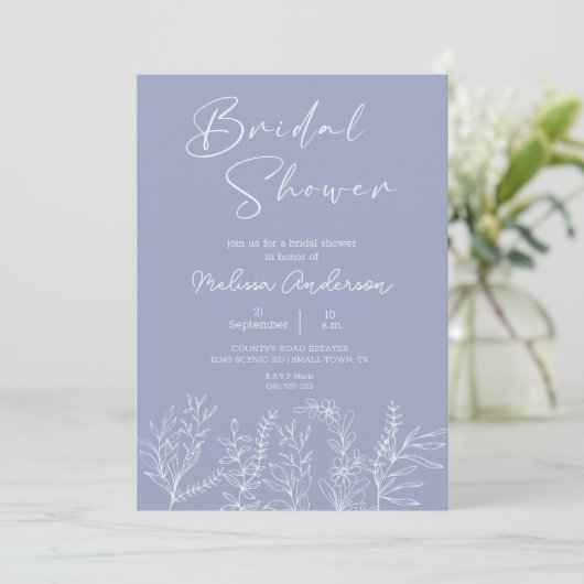 Periwinkle Blume Boho Bridal Dusche Einladung (Stehend Vorderseite)