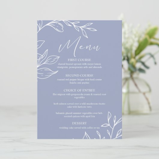 Periwinkle Blume Boho Wedding Menu Menükarte (Stehend Vorderseite)
