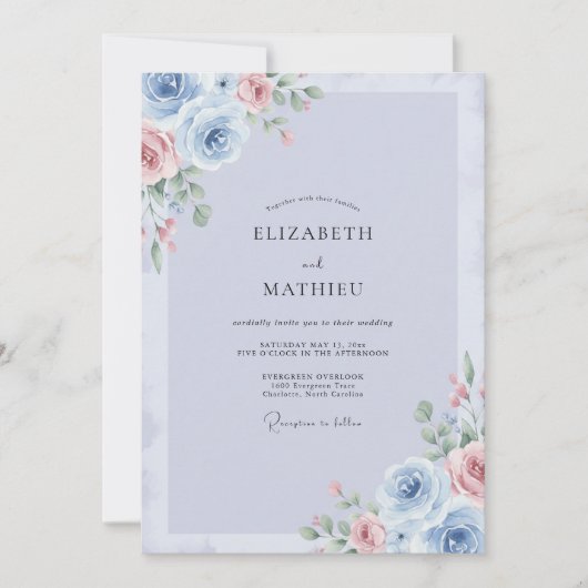 Periwinkle-Blush-Pfingstrosen-Hochzeit Einladung (Vorderseite)