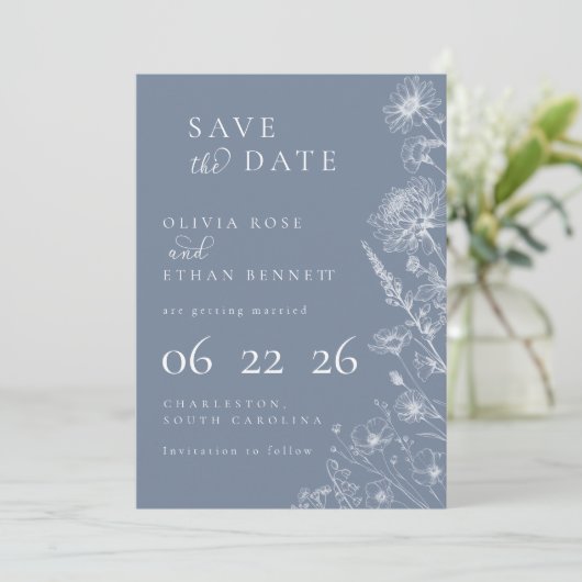Periwinkle Botanical Minimal Wedding Save the Date (Stehend Vorderseite)