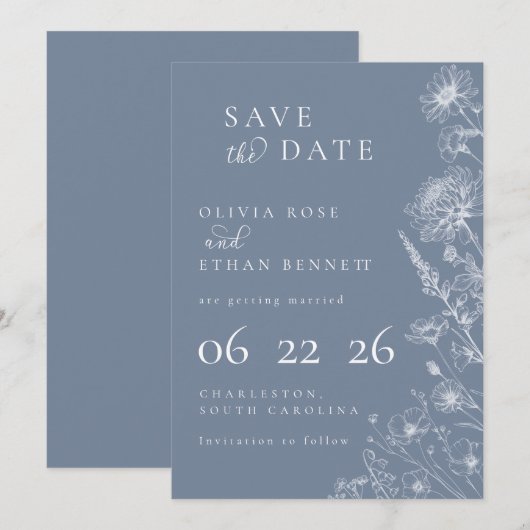 Periwinkle Botanical Minimal Wedding Save the Date (Vorne/Hinten)