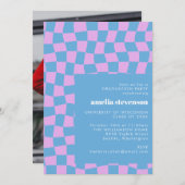 Periwinkle Checkerboard Graduierungsparty Foto Einladung (Vorne/Hinten)