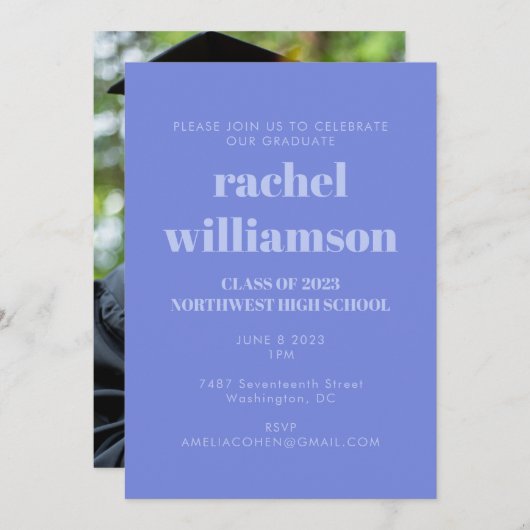 Periwinkle Class of 2024 Foto Graduation Party Einladung (Vorne/Hinten)