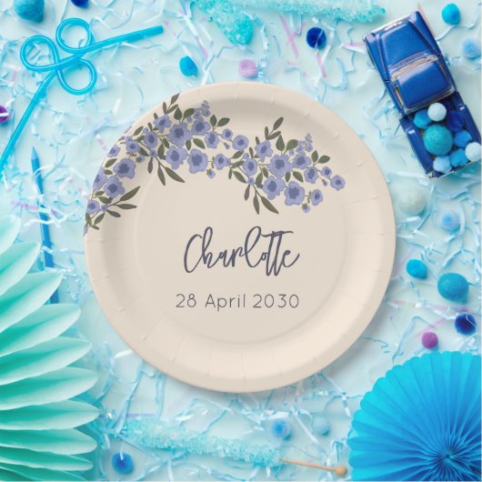 Periwinkle Floral Blooms Modern Custom Name  Pappteller (Party)