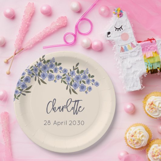 Periwinkle Floral Blooms Modern Custom Name Pappteller (Party)